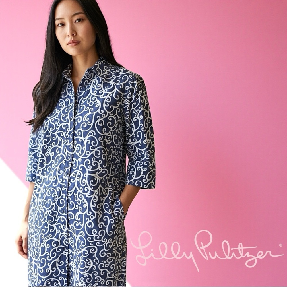 Lilly Pulitzer Navy Blue & White Scroll Print Tunic Dress Sz 8